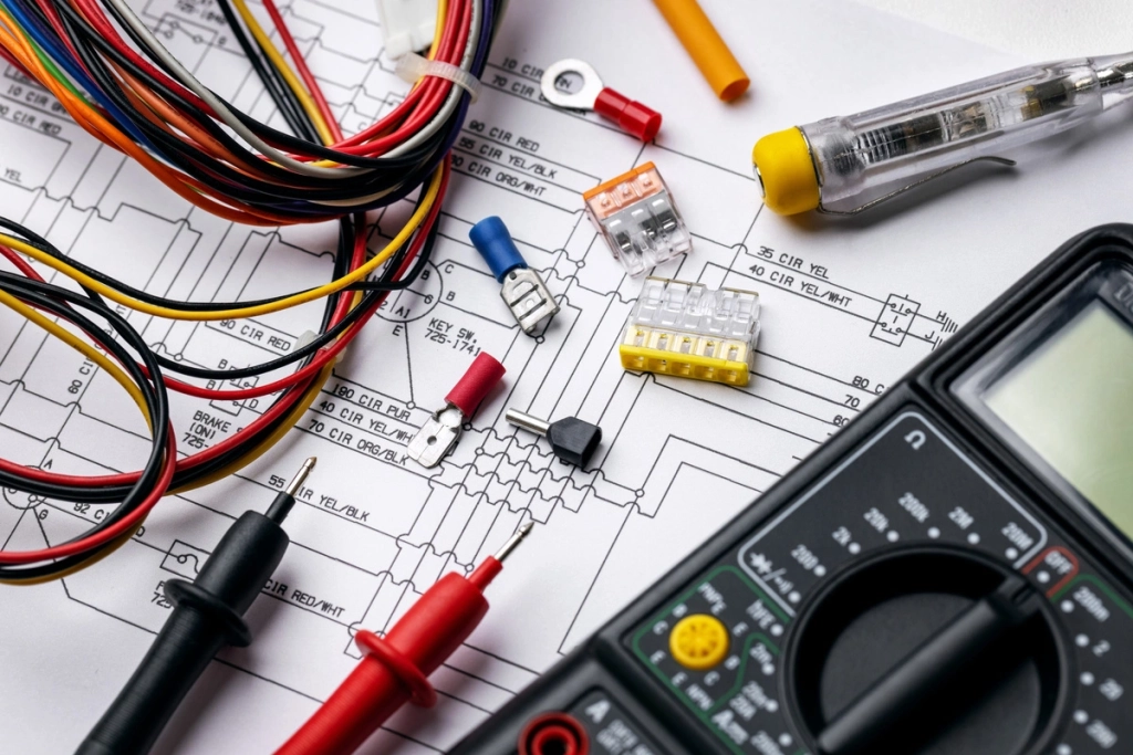 Outils et câbles électriques sur un schéma électrique